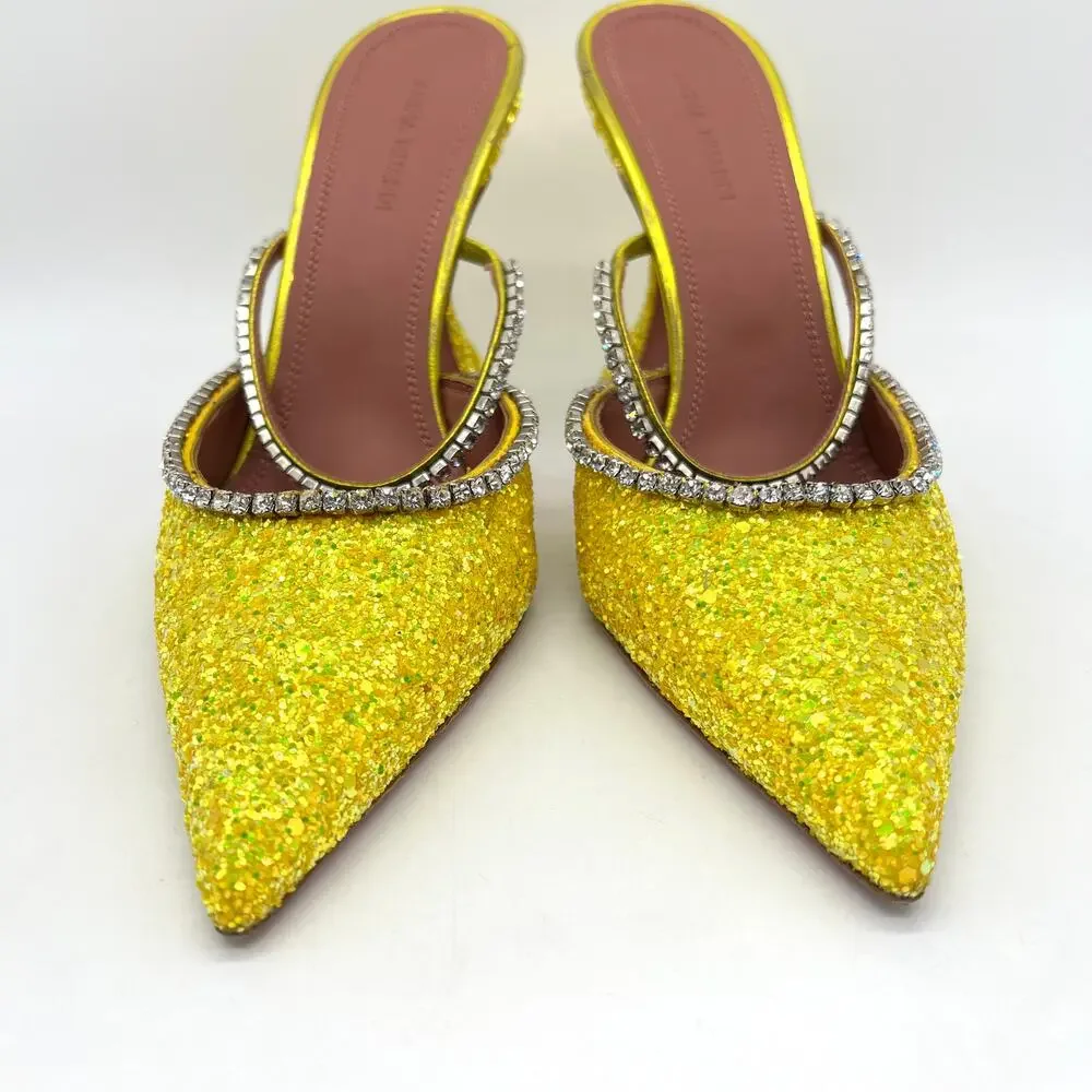 AMINA MUADDI Glitter Gilda Heeled Mule Women 8 Yellow Rhinstone Strap Pointy Toe - Picture 2 of 16